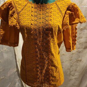 Chelsea & Violet Puff Sleeve Ruffled Boho Eyelet Blouse Mustard